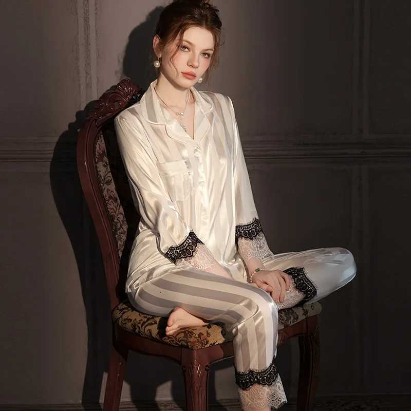 Couple Pajamas Suit Women Male Ice Silk Long-sleeved Sleepwear Summer High-end Loungewear Spring Fall Men Female Striped Pajamas W250717