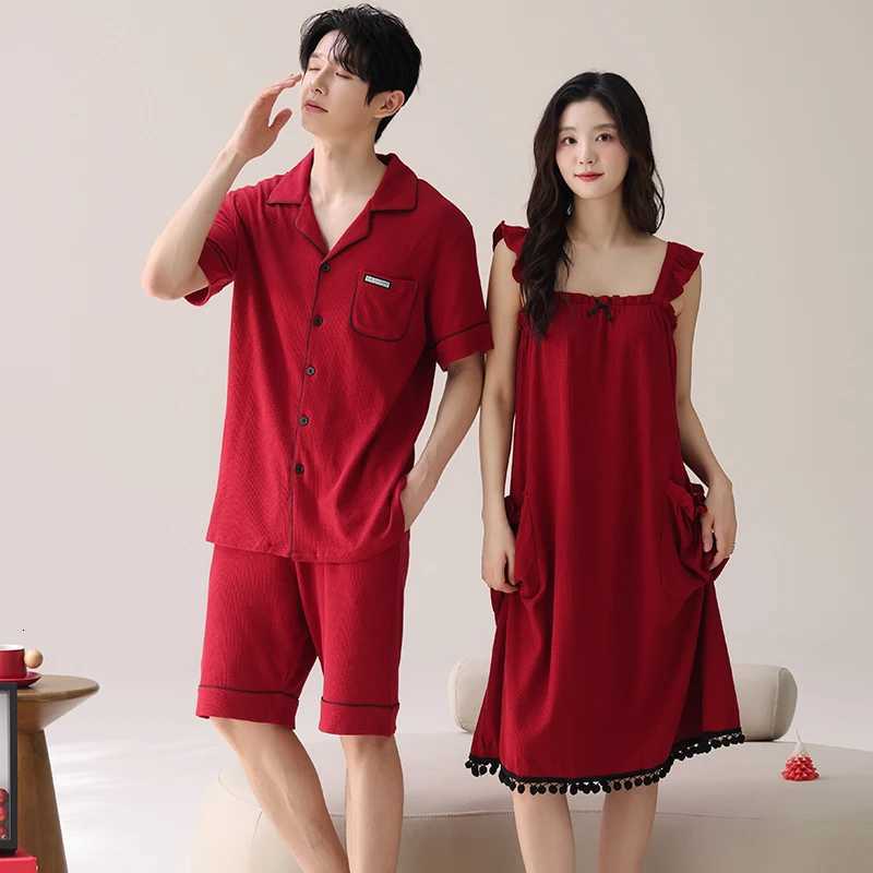 Pajamas Lovers Festive Red Color Fashion Men Short Sleeve Shorts Cardigan Pajamas Sets Summer Sling Nightgowns For Young Female W250717