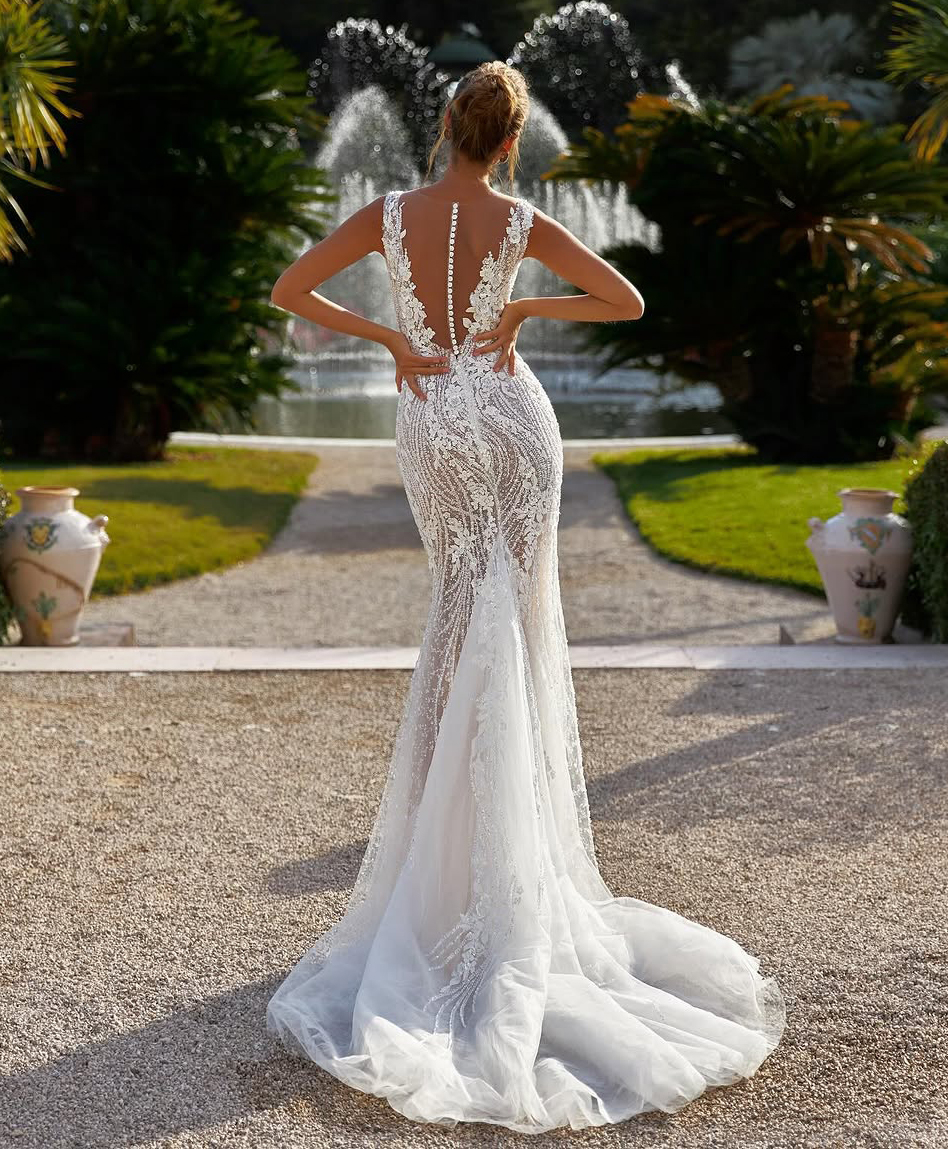 Glitter Mermaid Wedding Dresses Short Sleeves Rhinestones Lace Special Occasion Bride Dress Vestido De Noiva Customized