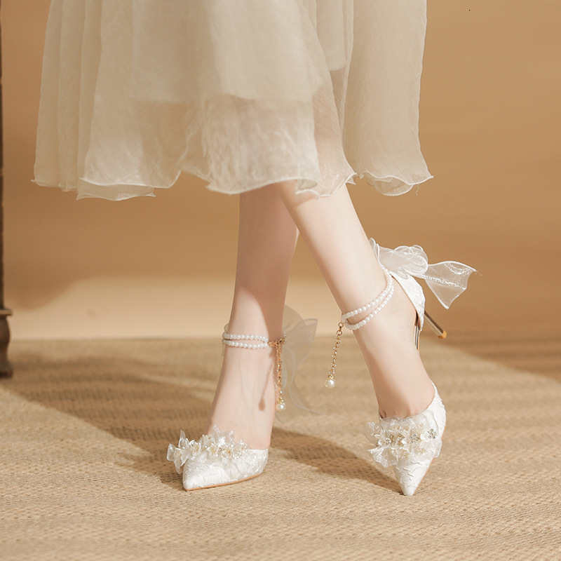2024 New White High Heels Women, Thin Heel, Dress Two-Way Wear, Bowknot Wedding Shoes, Closed-Toe Strap Single Shoes for Women ddmysaturn