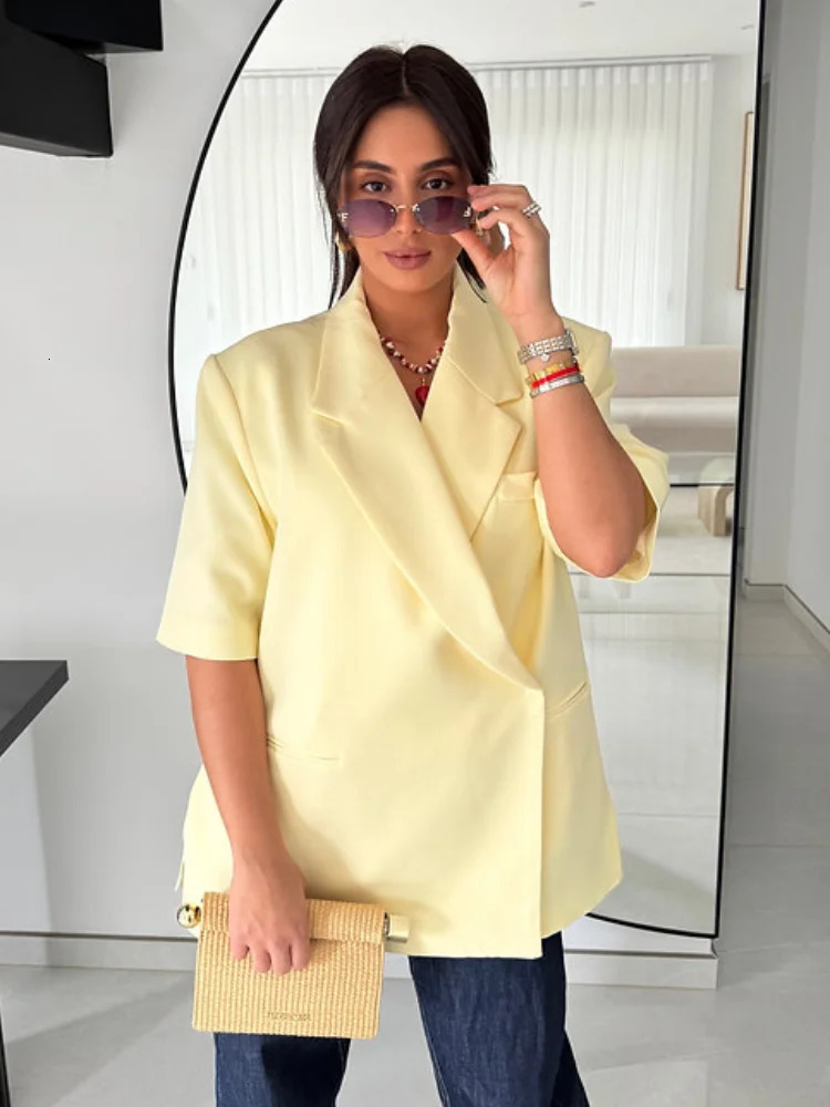 2025 Office Lady Solid Short Sleeve Lapel Blazer Jackets Women Casual V Neck Covered Button Suit Jacket Female Chic Street Coat 250715