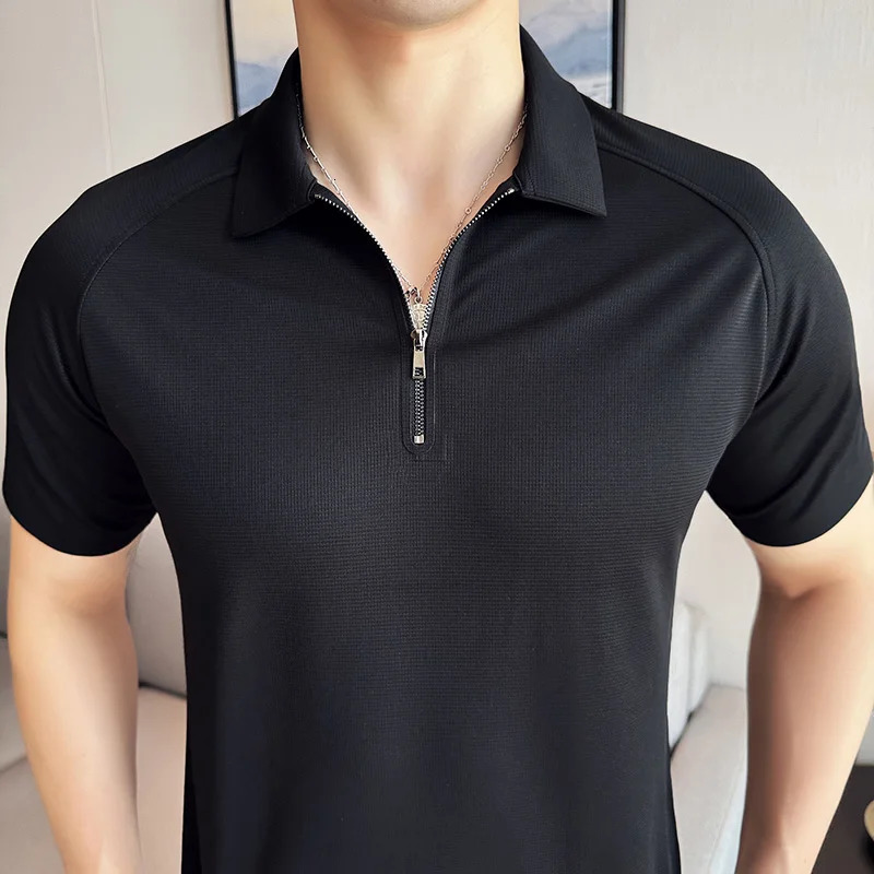 Summer Men Solid Color Polo Shirt Short Sleeve Turn-Down Collar Zipper Tshirts for Men Casual Streetwear Male Tops 250715