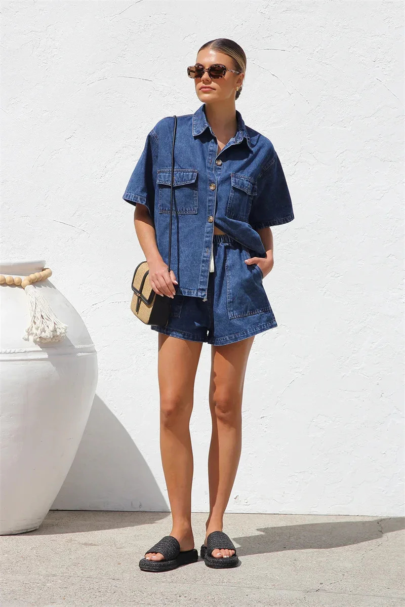 2025 Vintage High Street Denim Suit Short Sleeve Button Loose Comfortable Shirt Female Two Piece Sets Waist Shorts 250714