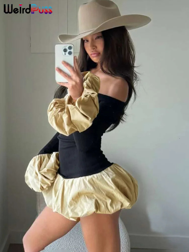 Weird Puss Patchwork Bubble Dress Women Chic Classic Autumn Fashion Slash Neck Skinny Stretch o-Neck Simple Mini Bodycon 250715