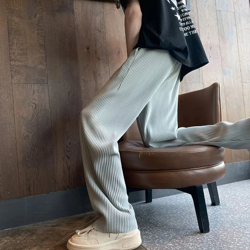 Summer Casual Pants Men Black Gray Ice Silk Pants Men Japanese Streetwear Hip-hop Loose Straight Trousers Mens Pleated Pants 250715