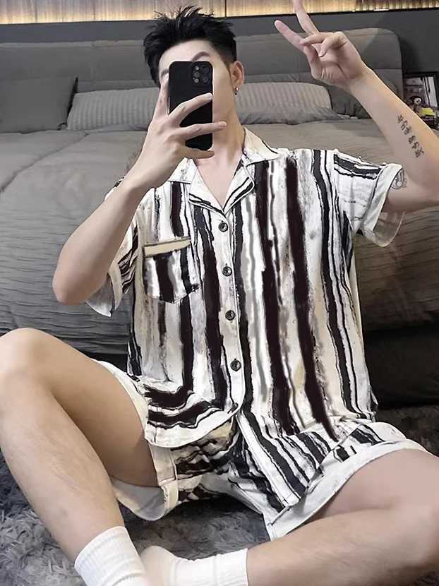 Daimelu Korean Pajamas Men Summer Ice Silk Short-Sleeved Nightwear Thin Male Teenagers Plus Size Homewear Suit Simple Sleepwear W250717