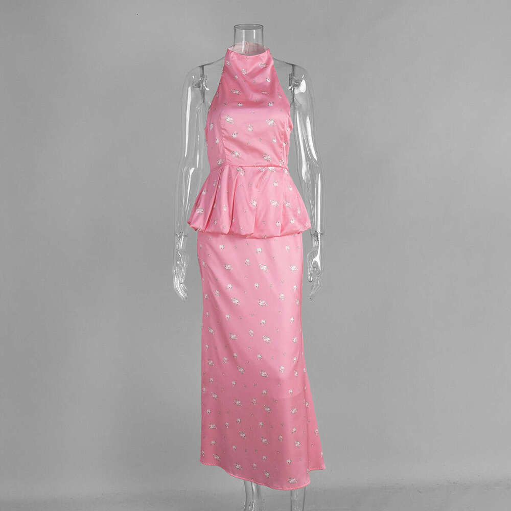 Satin Print And Summer Bubble Hem Vest Long Skirt Set For Women B5