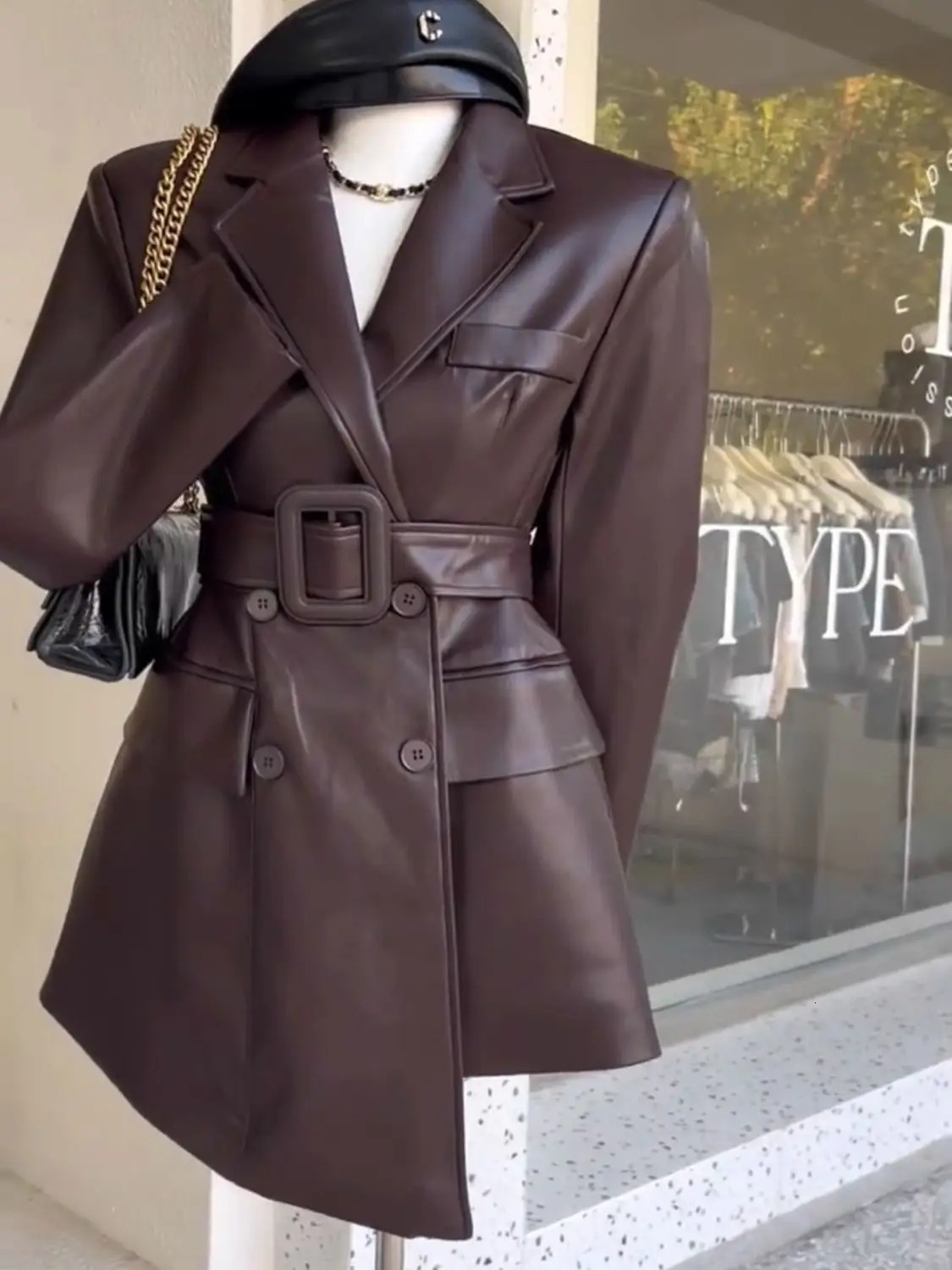 Coffee Color Retro Leather Jacket Women Clothing Autumn High End Waist Cinched Slimmimg Mid Length Suit Coat for Women 250715