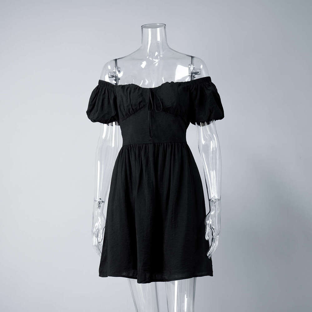 Off-Shoulder Summer New Tie Waist Short Puff Sleeve Dress B5