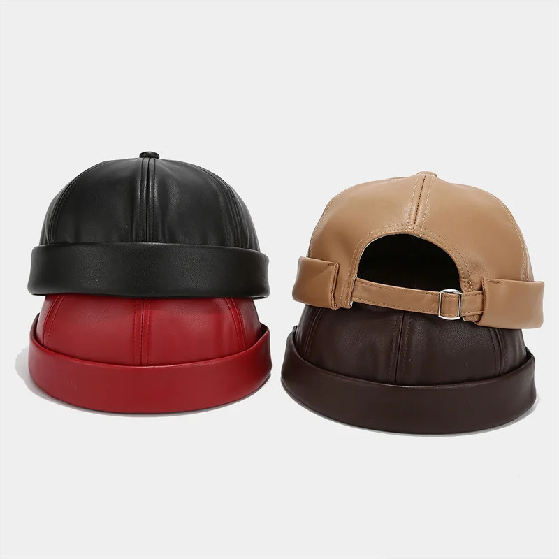 Retro Solid Color Brimless Hat Spring Summer Fashion Casual PU Leather Melon Caps Docker Cap Men Women Adjustable Hip Hop Hats 250715