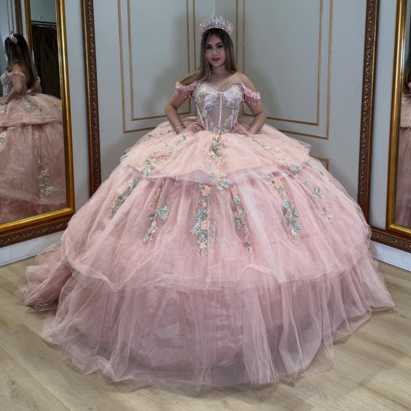 Pink Quinceanera Dresses Ball Gown Off The Shoulder Applique Lace Beads Tull Party Birthday Sweet 16 Dress Vestidos De 15 Anos