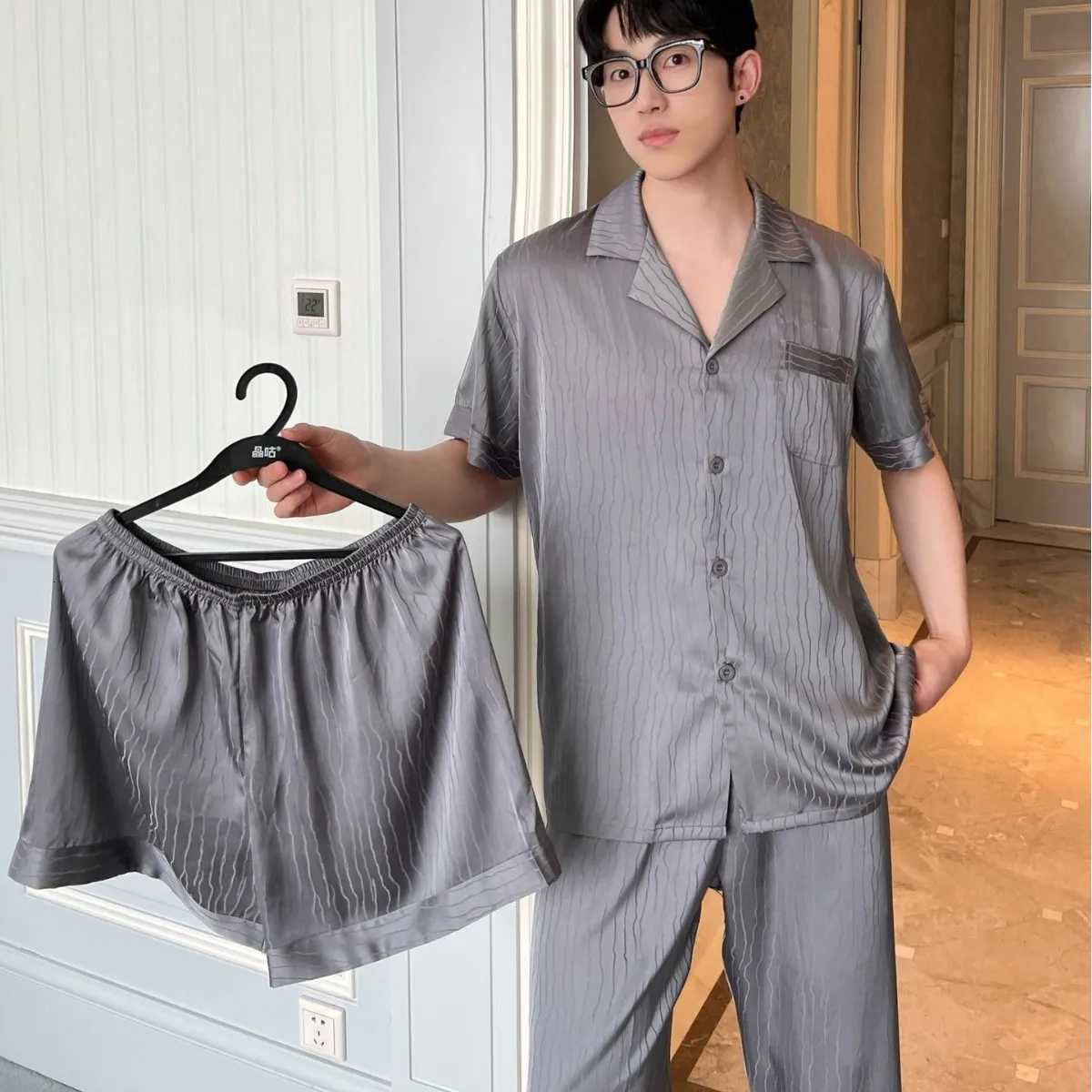 Plus Size Mens Sleepwear 3Pcs Pajamas Set Summer New Satin Nightwear Home Clothes Fashion Jacquard Stripes Loungewear Pajamas W250717