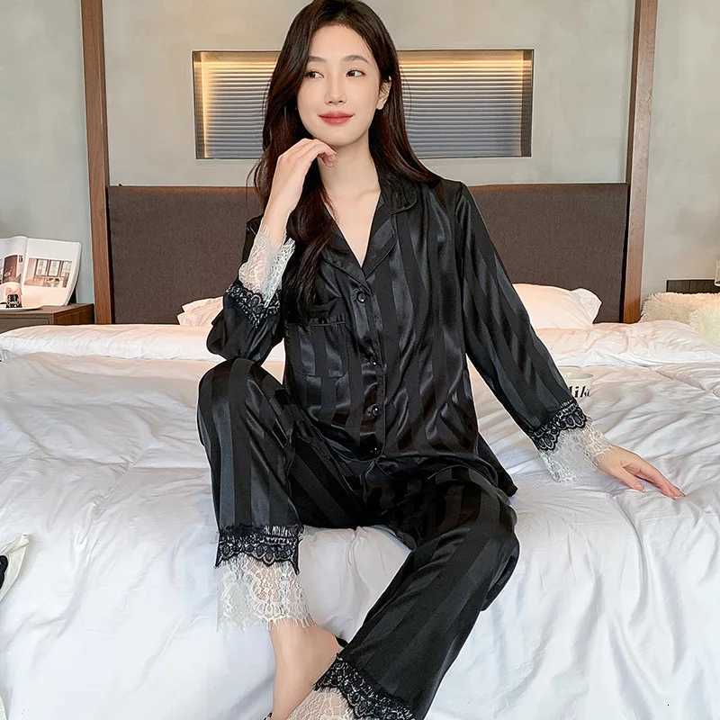 Couple Pajamas Suit Women Male Ice Silk Long-sleeved Sleepwear Summer High-end Loungewear Spring Fall Men Female Striped Pajamas W250717