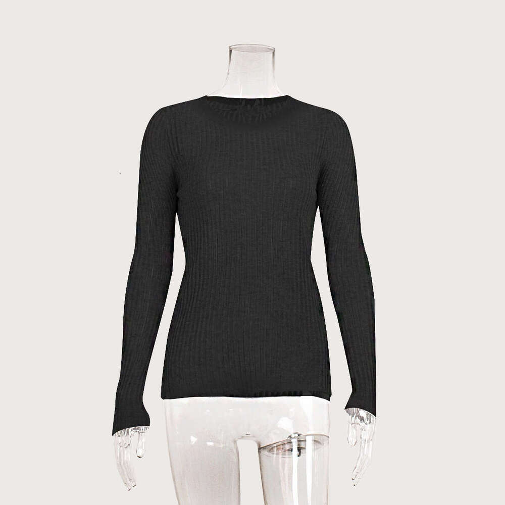 Hollow Out Spring Summer Sexy Slim Fit Wool Round Neck Long Sleeve Thin Ribbed Knit Sweater B5
