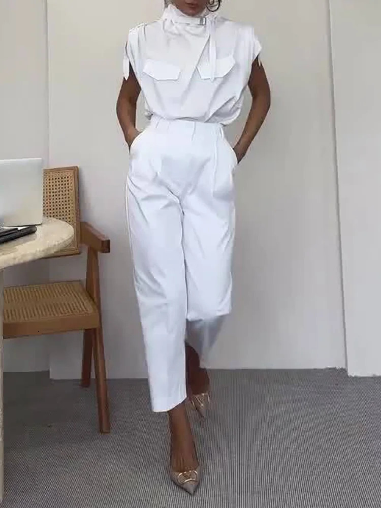 Summer Women Turtleneck Patchwork Outfit Pullover Top Cargo Pants Chic Matching Sets Pocket Fashion Simple Ladies Suits 250714