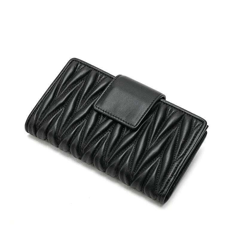 Wrinkled 100% Sheepskin Genuine Leather Women Long Large Capacity Leather Handbag New Zipper Multifunctional Zero Wallet