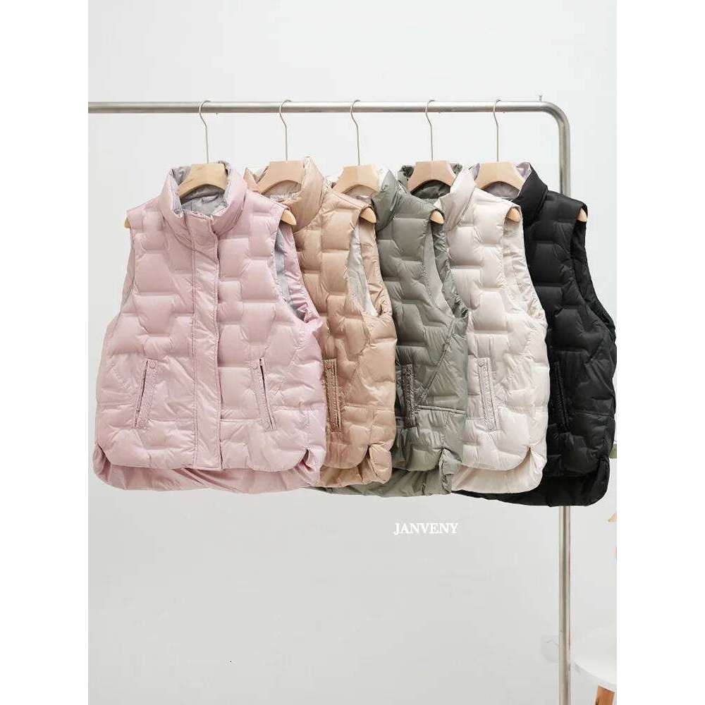 Janveny 2025 New Autumn Winter Duck Down Fleece Waistcoat Women Loose Stand Collar Pockets Warm Quilted Puffer Sleeveless Vest MDNG