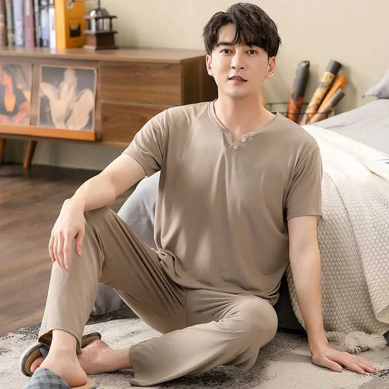 Mens Modal Cotton Pajamas Set Summer Short-Sleeve Tops + Long Pants Nightwear Home Wear Suits Simple Fashion Sleepwear for Men W250717