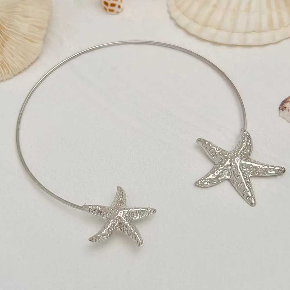 Gold Color Starfish Shell Pendant Necklace Metal Neck Jewelry Open Torque Necklace Adjustable Boho Jewelry XJ250717
