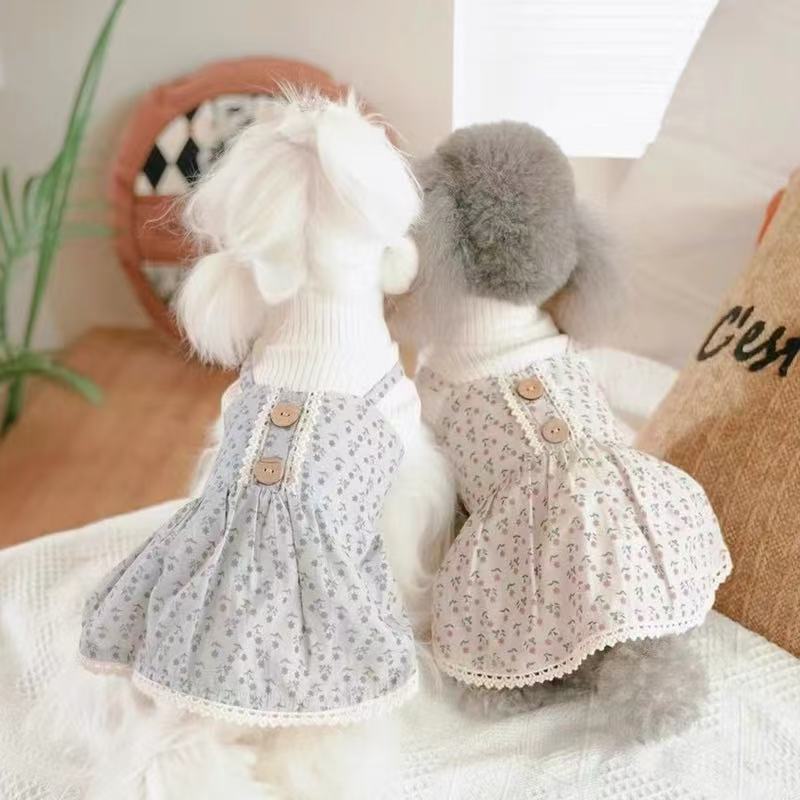 T737 Spring and Autumn Pet Dog Skirt Fake Two-piece Teddy Bichon One-piece Dress Floral Maltese Yorkshire Terrier Clothes