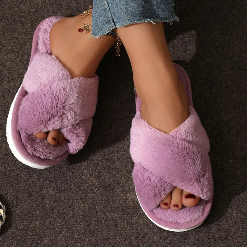 Fashion Cross Strap Fur Slippers Women Indoor Light Warm Plush Home Slippers Woman Faux Fur Flat Heel Couple Slides Plus Size 43 250716