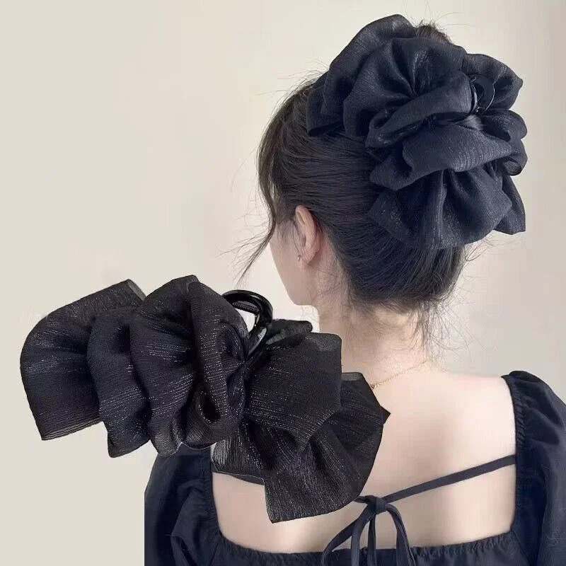 Sweet Mesh Large Bow Hair Claw Clips for Women Solid color Elegant Bowknot Ponytail Clip Girl Headdress Accessories 250716
