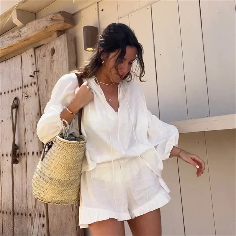 2024 Casual Beach Suits Fashion Summer Cotton Linen Loose Ruffle Shorts Suit Long Sleeve Drawstring Pullover y250707