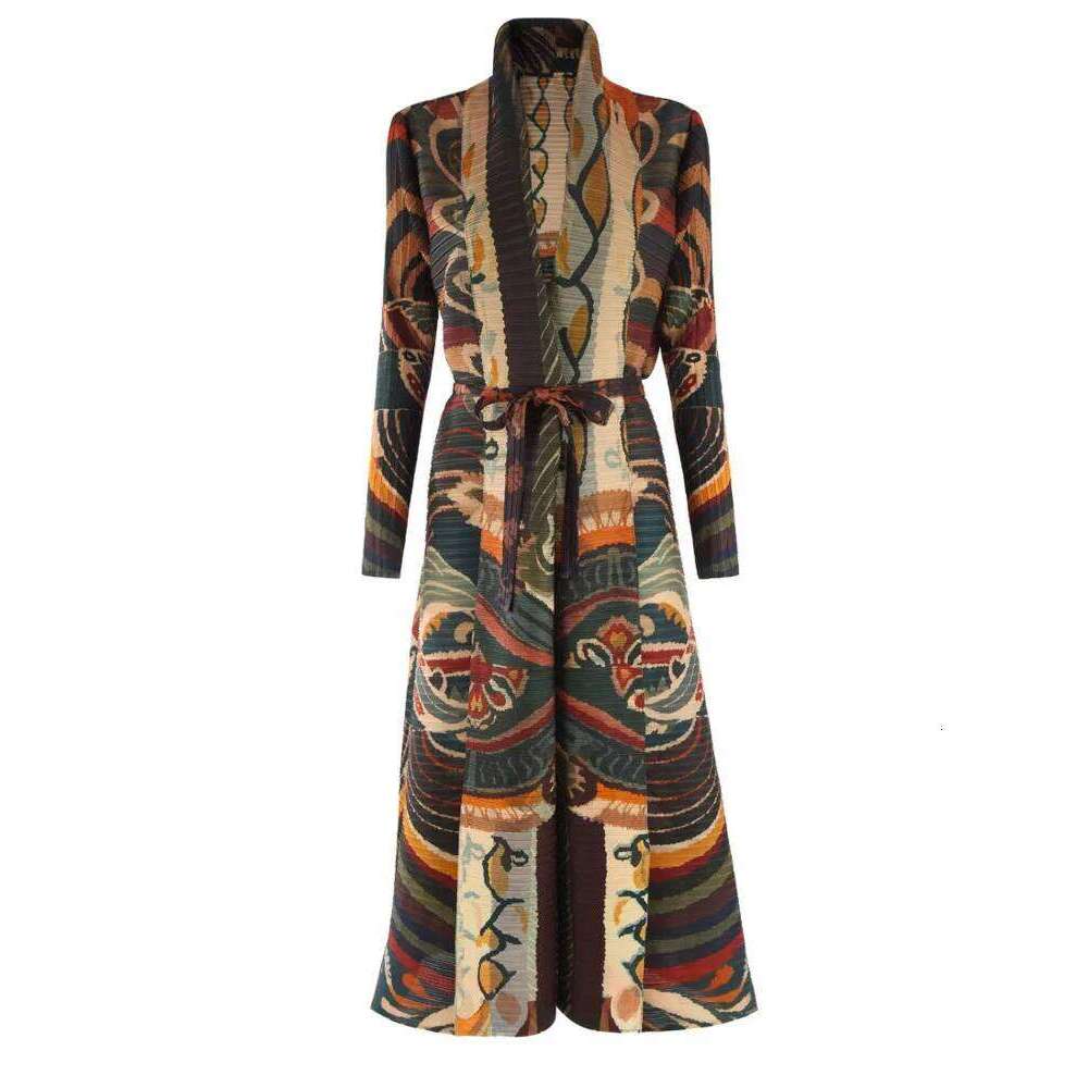 LANMREM Pleated Trench Coat Abaya Style Long Robe Women's Fashion Temperament Printed Versatile Coats With Belt 32Da2703