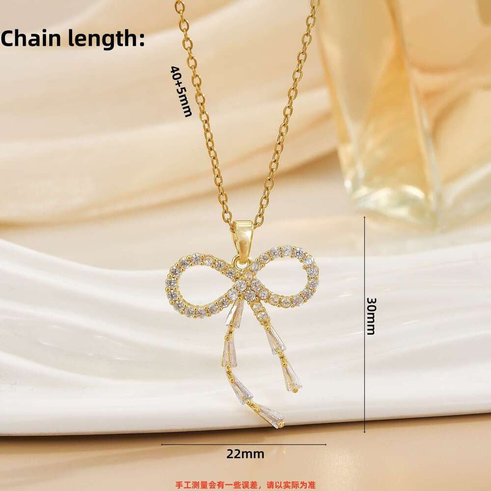 Fashion Jewelry New Full Dia Bow Necklace High-End Zircon Butterfly Pendant Design Sense Light Collarbone Chain Fd1