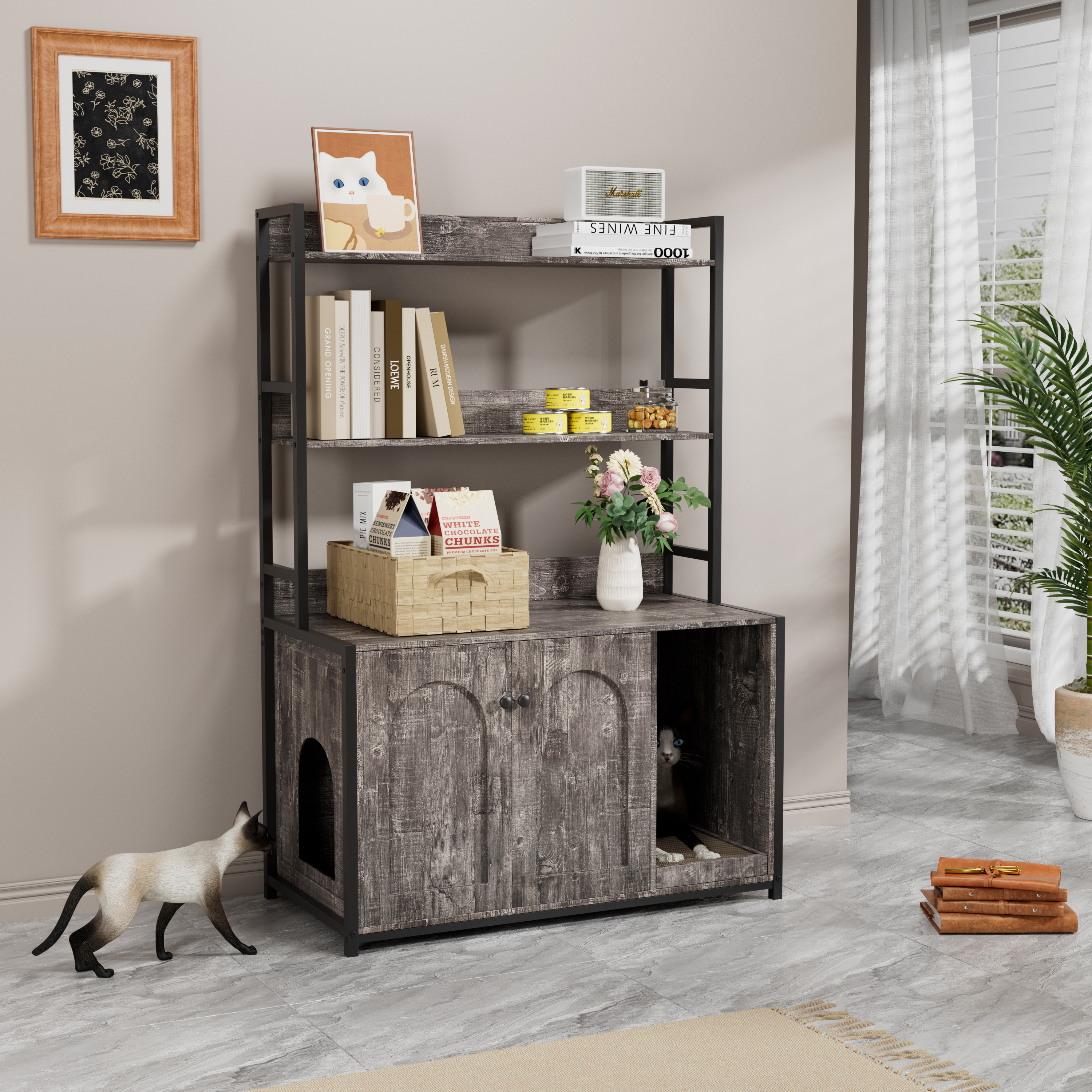 Large Cat Litter Box Enclosure With Shelf Storage Hidden Cat Washroom Furniture Wooden Cat House With Scratch Pad Sturdy Indoor Cat Cabinet With 2 Doo
