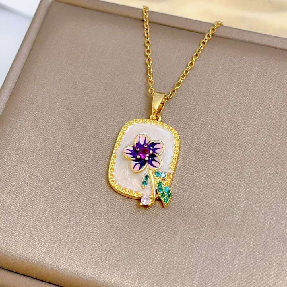 Monet Garden Vintage Titanium Steel Necklace Drop Micro Inlaid Zircon High-End Oil Painting Style Collarbone Chain Accessory Cad