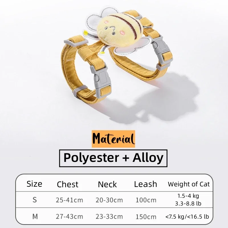 Cat Leash Collar Set Adjustable Cartoon Bee Double Layer Dog Harness for Small Medium Pet Collar Leash Outdoor Walking