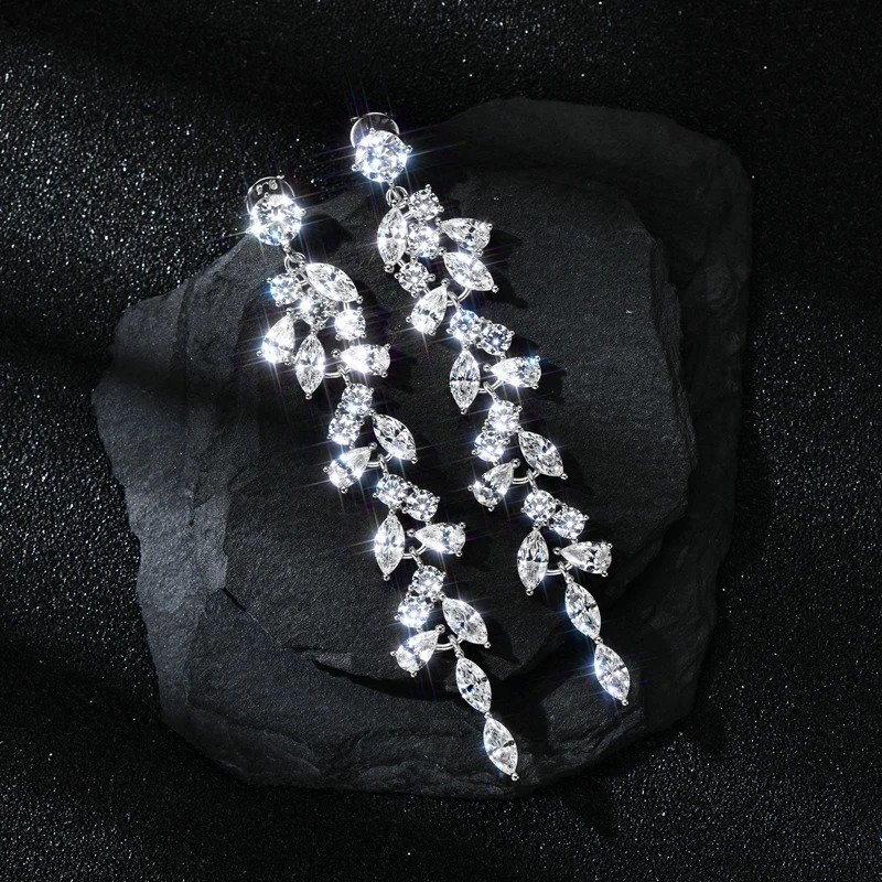 AINUOSHI Maple Leaf Zircon Tassel Long Earrings For Women 925 Sterling Silver Shiny Rhinestone Drop Earrings Party Jewelry Gift 250716