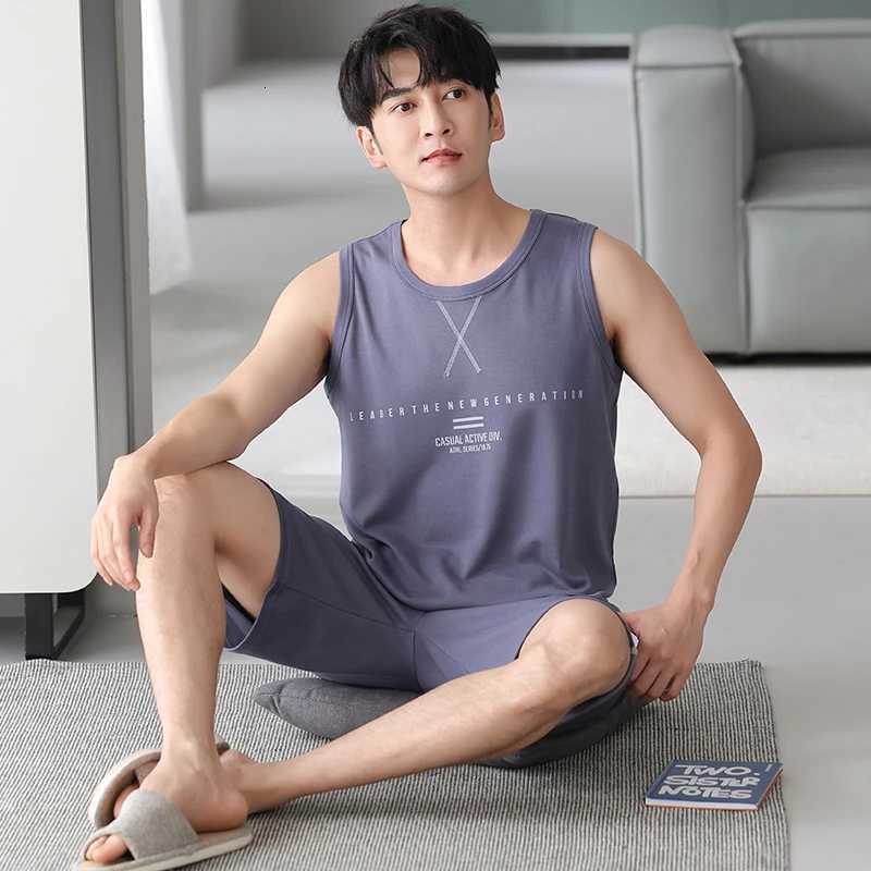 New Knitted Cotton Men Pajama Set Summer Sleeveless Sleepwear Big Size M-4XL Leisure Suits Nightwear Men Pajamas W250717