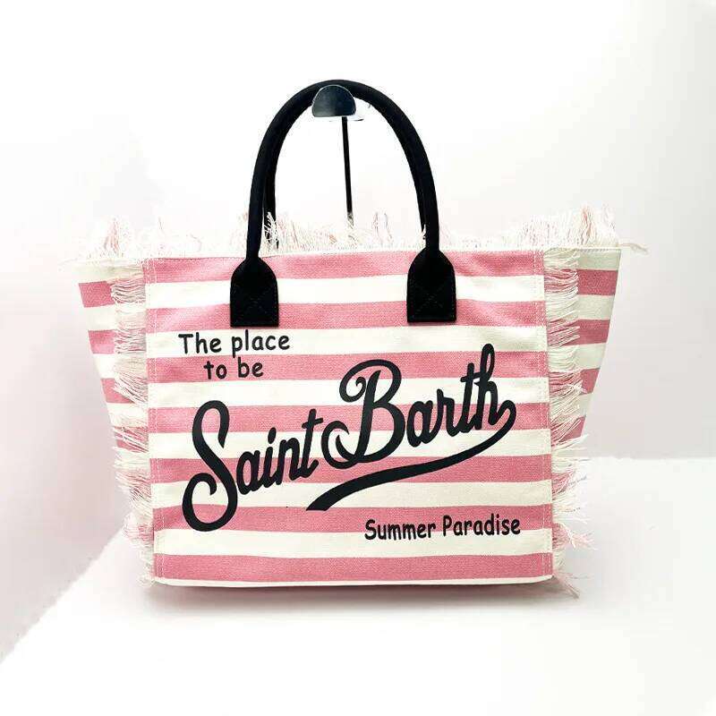 SAINT BARTH European and American new women's large capacity casual travel canvas striped handmade tassel handbag tote bag