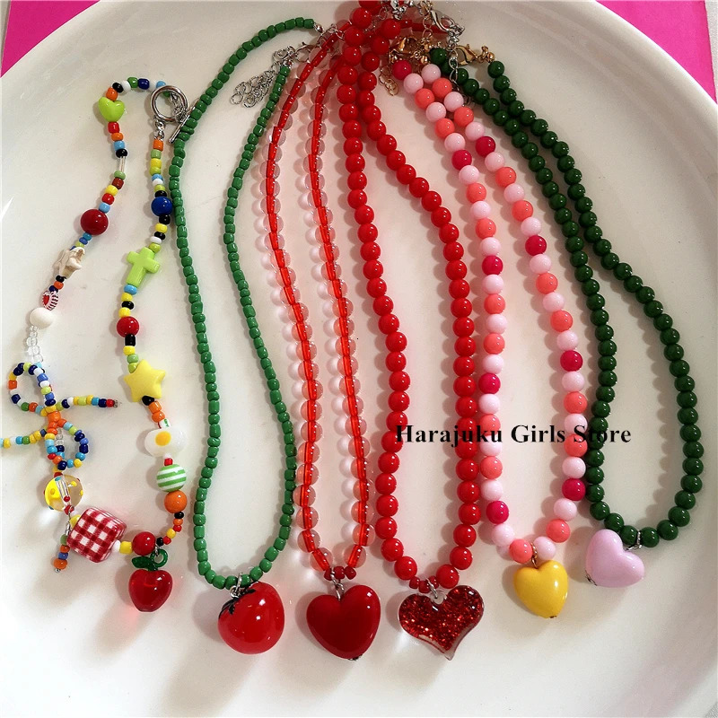 Kpop Fashion Heart Fruit Tomato Bowknot Pendant Colorful Beaded Necklace Woman Aesthetic Jewelry Cute Summer Y2K EMO Accessories 250715