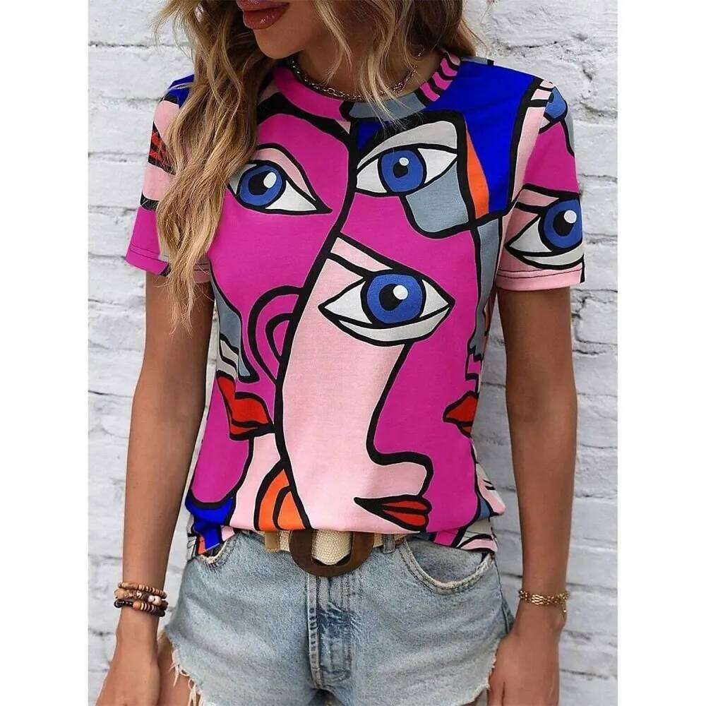 New Abstract 3D Painting Vintage Elegant Women's T-Shirts Short Sleeve Fashion Trend Tee Casual Style Lady's Clothing