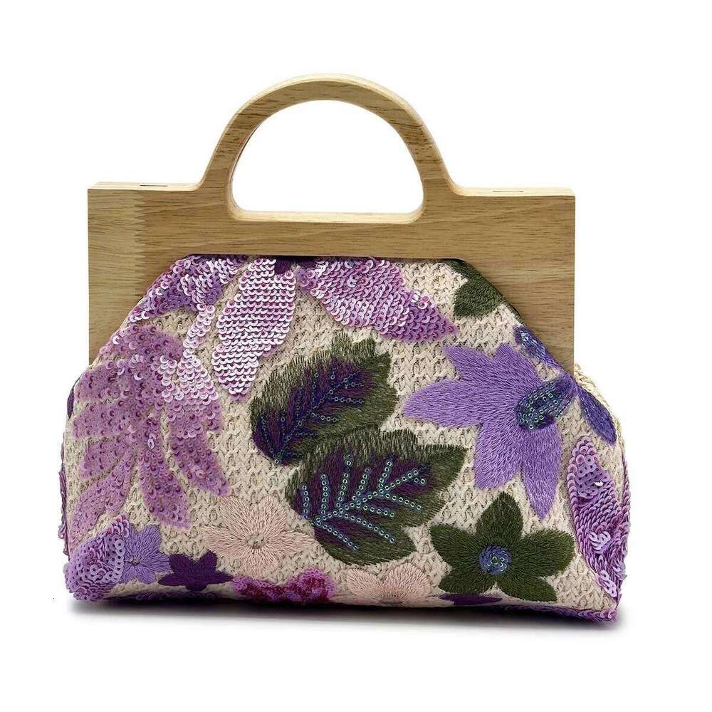 Fashion Embroidered Sequins Women Handbags Wooden Handle Chain Shoulder Crossbody Shinny Summer Beach Bag Party Clucth Purse