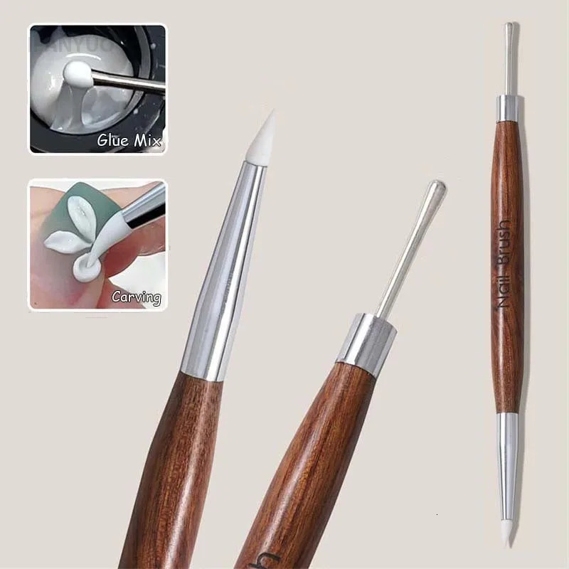 Double Head Nail Art Brush Silicone Spatula Brush Carving Flower Painting Pen Stainless Steel UV Glue Mixed DIY Manicure Tools 250716