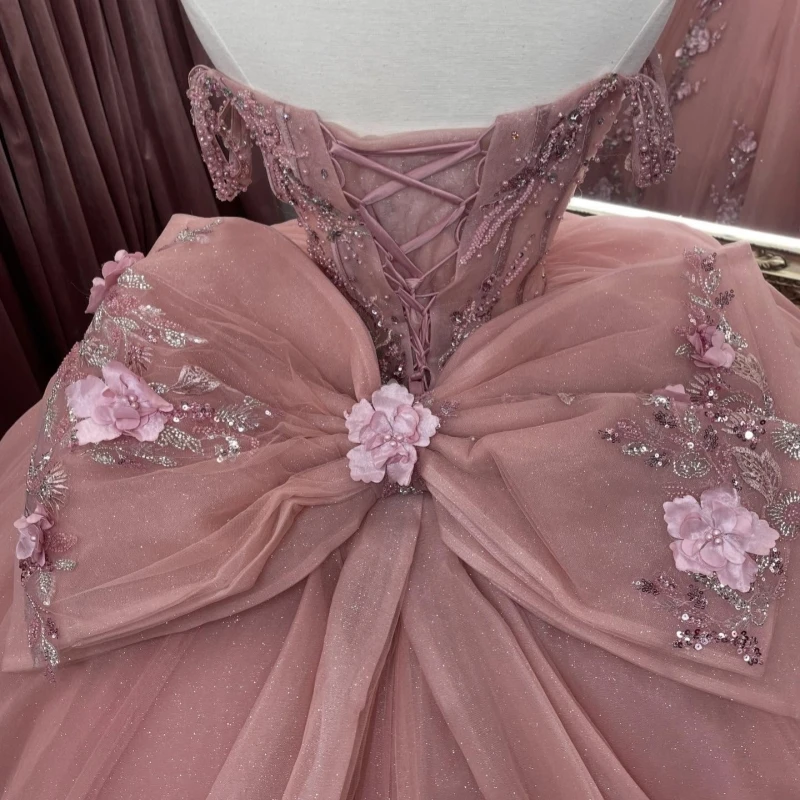 Pink Quinceanera Dresses Ball Gown Off The Shoulder Applique Flower Beading Bow Tull Party Birthday Sweet 16 Dress Vestidos 15 De Anos