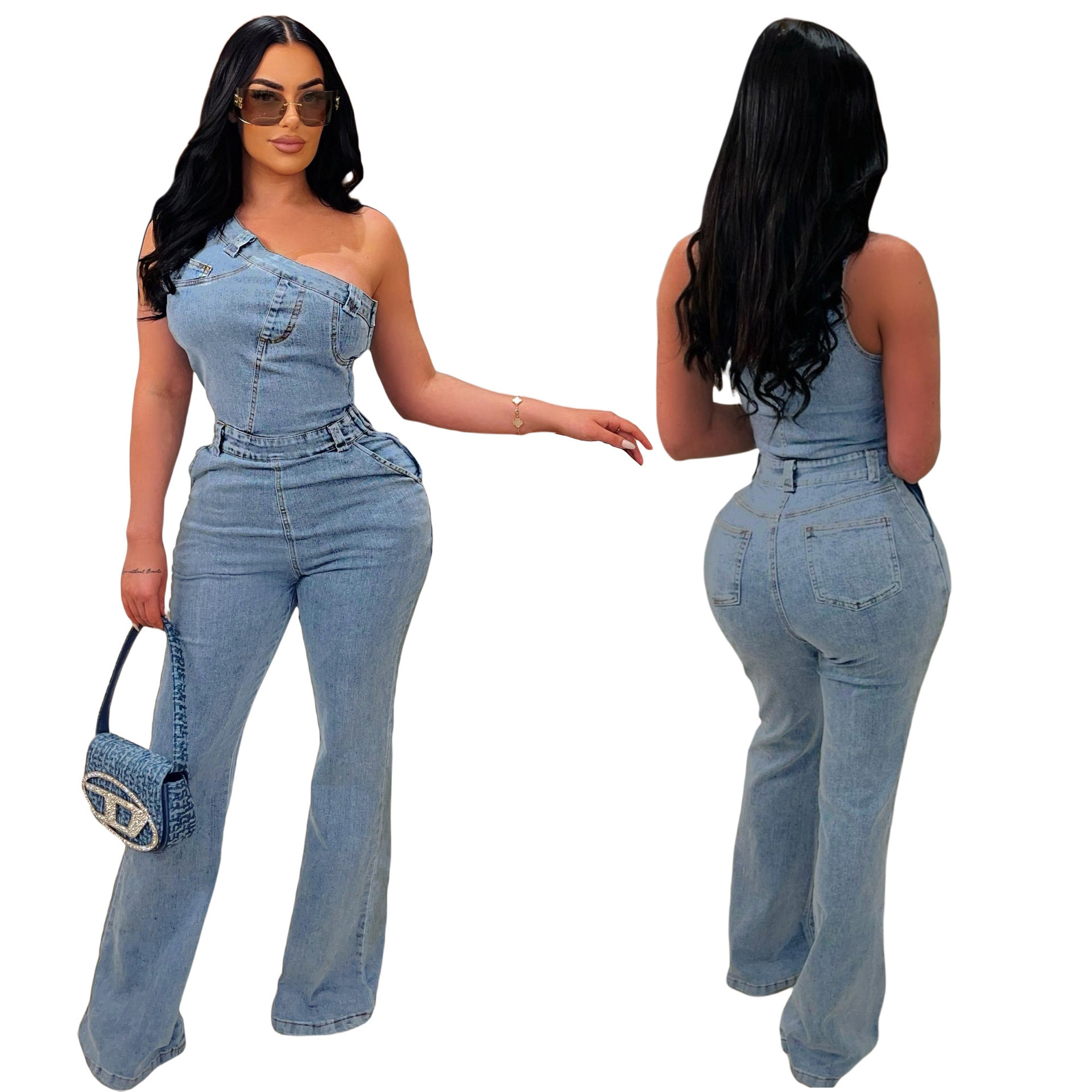 6976 diagonal shoulder tight waist slim fit elastic washed denim jumpsuit flared pants
