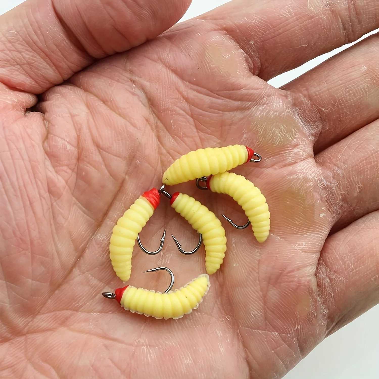 10pcs Soft Maggot Baits with hook Fake Bread Worms Artificial Wax Worms Gross Plastic Worms for Freshwater Z250717