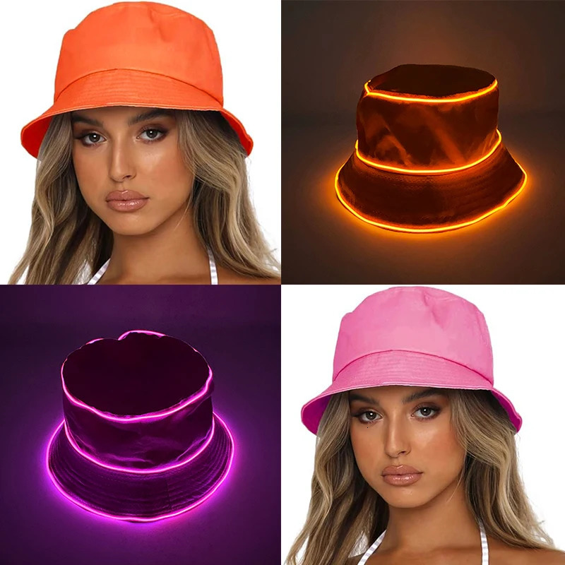 Solid Color Style Beach Cap luminous fisherman hat EL wire Bucket Hats glow in the dark for club rave party wedding props 250716
