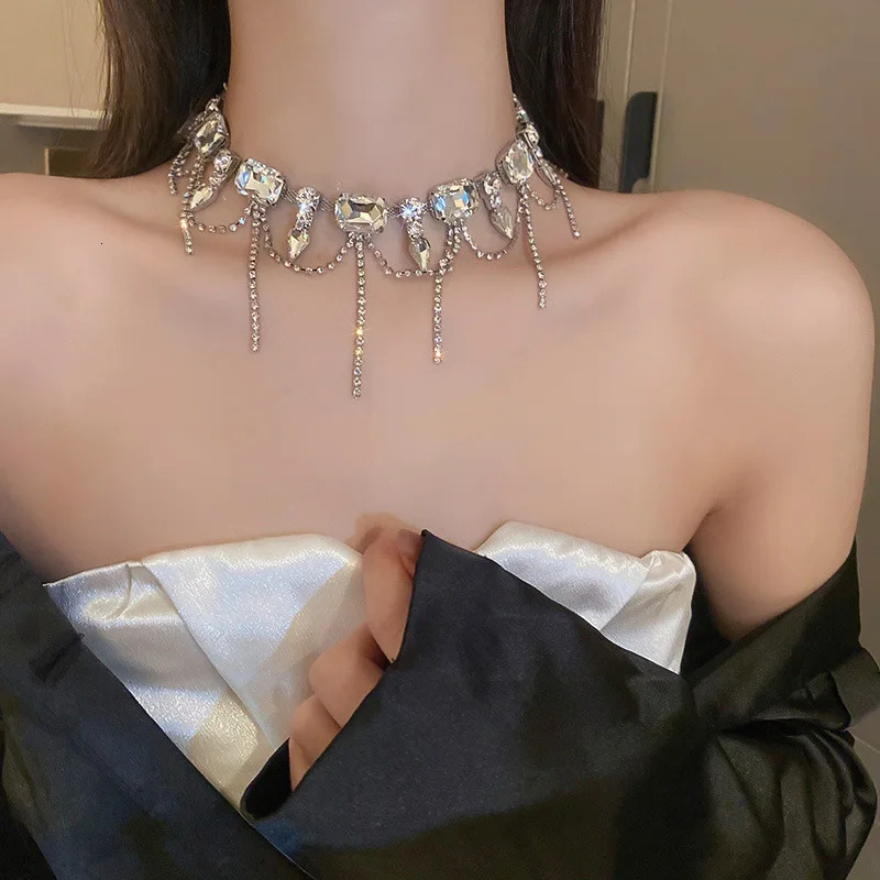European and American crystal stone drop oval necklace fashionable versatile neck necklace for women 250716