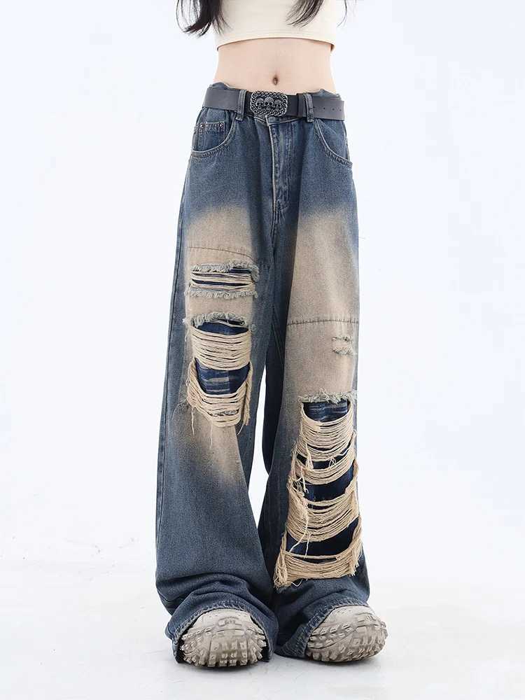 Womens Gothic Black Jeans High Waist Vintage Korean Fashion Y2k Streetwear Ripped Pants Harajuku Casual Wide Leg Denim Trousers R250716