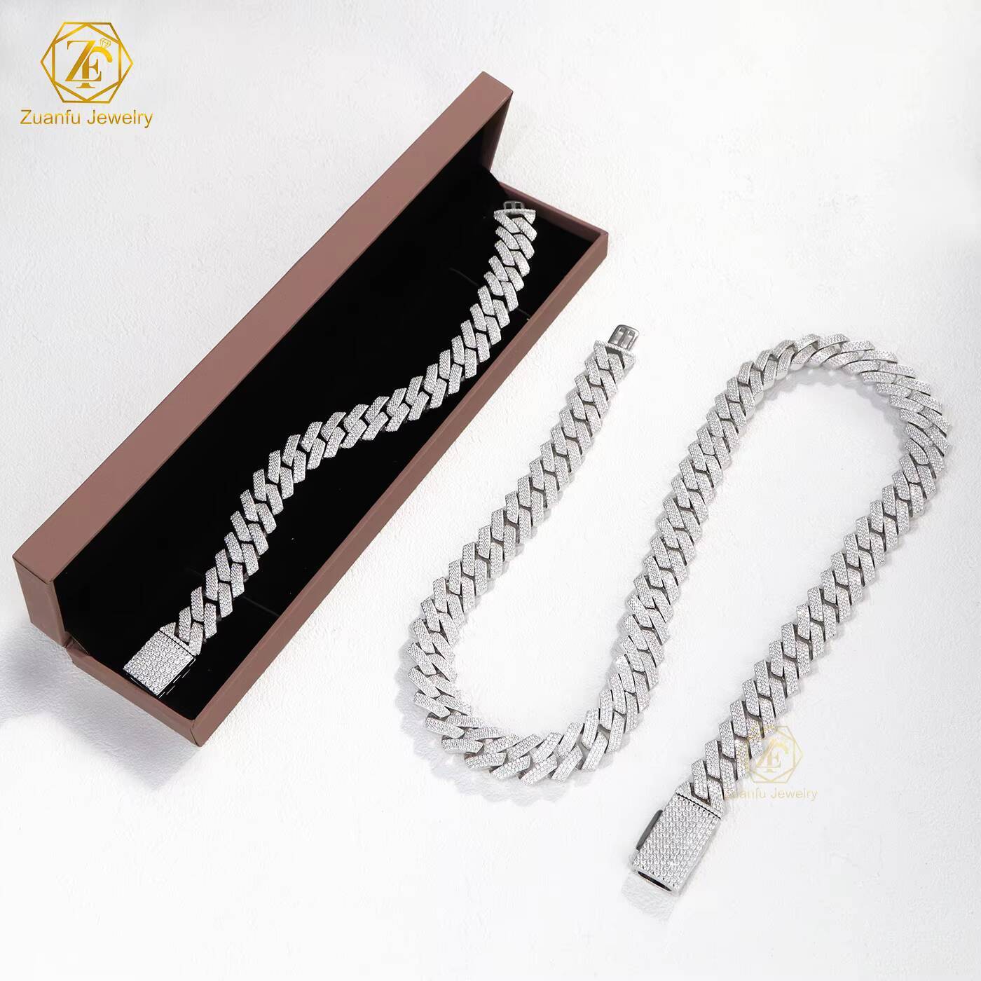 3 Rows15mm Cuban Link Chain Bracelet Iced Out 925 Silver Hiphop Round D VVS Diamond Moissanite Cuban Link Chain Necklace