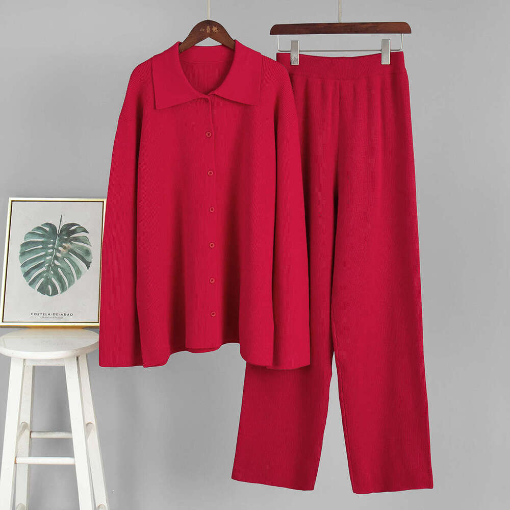 Turn-Down Collar Long Sleeve Knitted Autumn Winter New Style Elegant Loose Commuting Ribbed Sweater Suit B5