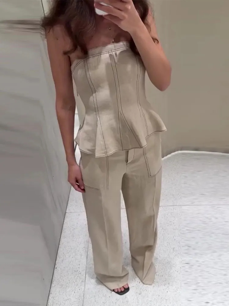 Elegant Pleated Vest Wide Leg Trousers 2025 Summer Lady Long Pants Suits Fashion Ruffled Off Shoulder Tank Top Loose Pants 250715
