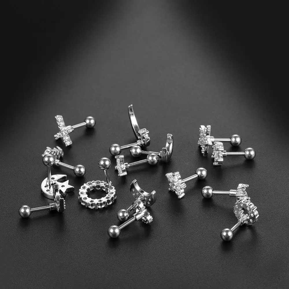 1PC 16G CZ Gem Cartilage Stud Moon Star Heart Cross Flower Crown Helix Tragus Piercings Conch Rook Stud Earring Piercing Jewelry y250715