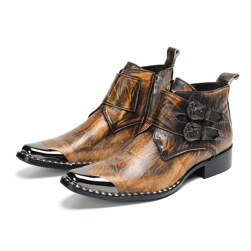 Retro Motorcycle Boots Steel Pointed High Heels Western Brown Double Buckle with Side Zipper Denim Boots for Men 250715